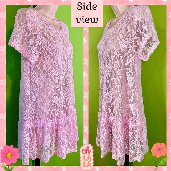 L PINK SHEER FLORAL LACE TUNIC DRESS RUFFLE HEM PREOWNED ITEM - Picture 4 of 12